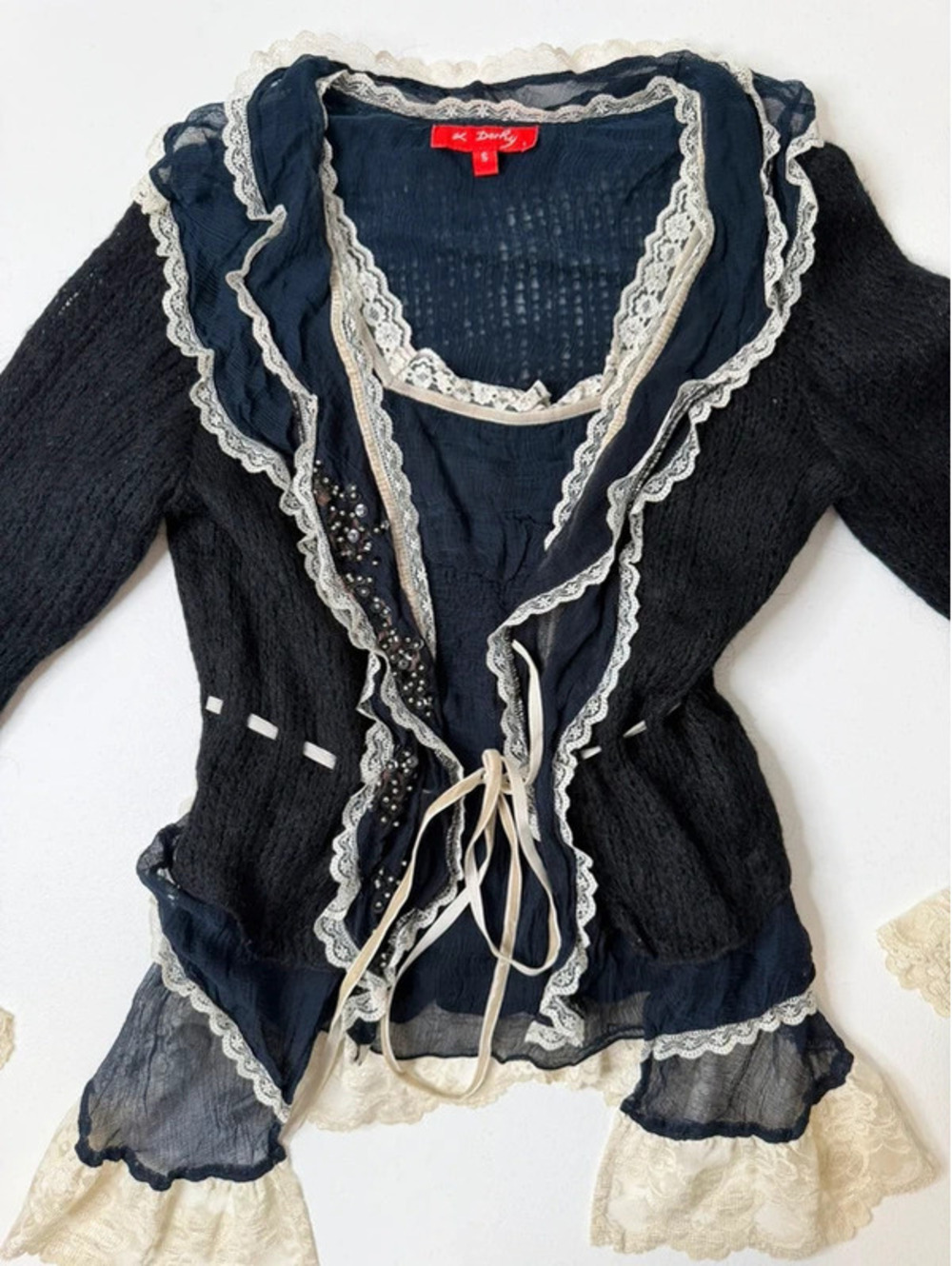 Romantic Vintage René Derhy Sequin Lace Trim Cardigan Top Y2K Size S - Picture 4 of 8